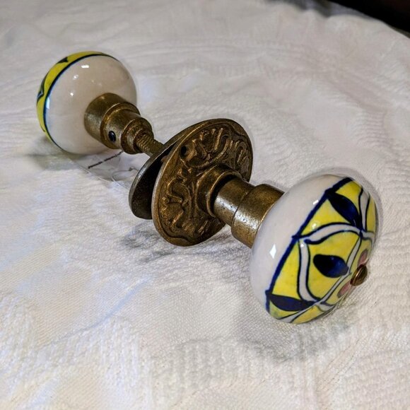 Vintage Ceramic Polished Hand Painted Floral Brass Doorknobs - Picture 2 of 5